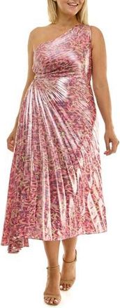 Nicole Miller Pleated One-Shoulder Metallic Dress in Abstract Butterfly Fuchsia at Nordstrom Rack, Size 14