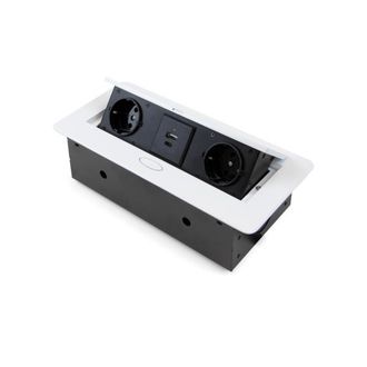 Emuca Multiconector Para Escritorio Atom 26 Lite, 225x111mm, 2 Enchufes Tipo Schuko, 1 Usb Tipo A, 1usb Tipo C, Zamak-acero-pl&aacute;stico, Blanco - Emuca