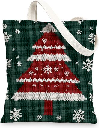 Generic Knitting Theme Christmas Tree Canvas Tote Bag for Shopping 13x15, Farmhouse Vintage Modern Xmas Reusable Grocery Print Pattern Bag for Women, Holiday 