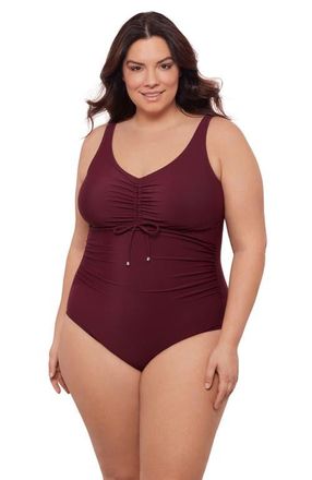 Aqua Green Plus Size Cinch V-neck Side Shirred One-Piece Swimsuit in Currant at Nordstrom, Size 2X