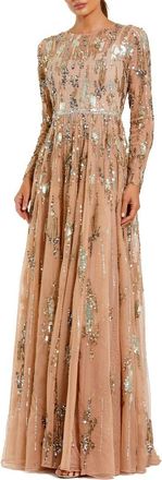 Mac Duggal Womens Long Sleeve Mesh Embellished Evening Gown in Taupe at Nordstrom, Size 14
