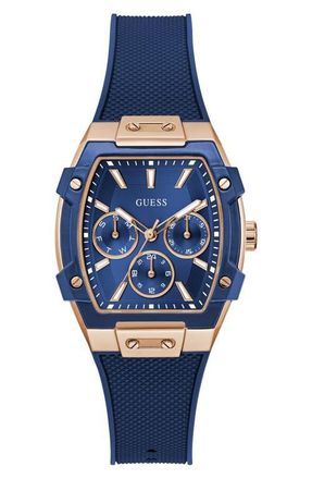 Guess Multifunction Silicone Strap Watch, 35mm in Blue at Nordstrom