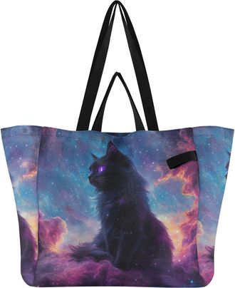 Generic Black Cat Space print Reusable Canvas Tote Bag, Heavy Duty Grocery Shopping Bag with Large Capacity Hard Bottom Double Handles Work Groceries Travel