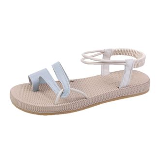 Generic Cocila Walking Sandals For Women Uk Ladies Fashion Color Blocking Leather Flat Bottom Cover Toe Woven Elastic Belt Grey, 6 Nude Wedge Womens Summer Sh