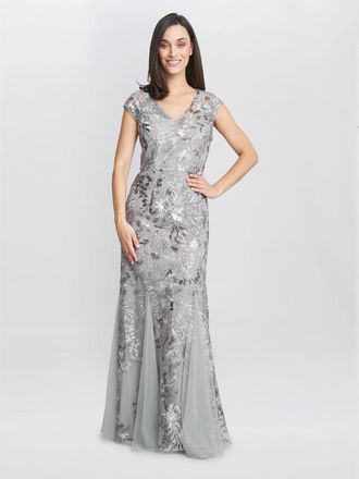 Gina Bacconi Womens Caitlin Sleeveless Maxi Fit And Flare Sequin Gown - Silver - Size 14 UK