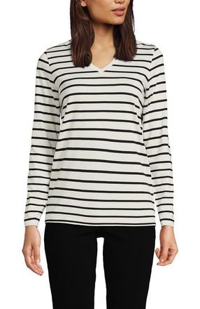 Lands End Relaxed Supima Cotton Long Sleeve V-Neck T-Shirt in Ivory/black Breton Stripe at Nordstrom, Size X-Large P