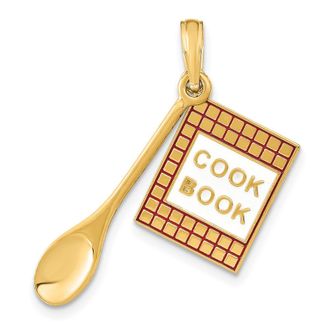 Diamond2Deal 14k Yellow Gold Red and White Enameled 3-D Cook Book and Spoon Charm Pendant
