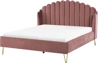 Beliani Cama Con Somier De Terciopelo Rosa 160 X 200 Cm Patas De Metal Cabecero Retro Capiton&eacute; Ambillou