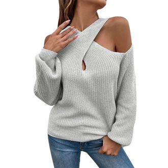 Generic Women Crossover Knitwear Tops, Off Shoulder Jumpers, Sexy Halter Neck Knitted Sweater, Elegant Tunic Pullover Comfy Ribbed Knitwear Cozy Warm Tunic To