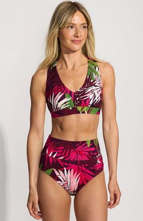 Lands End Chlorine Resistant V-neck Midkini Swimsuit Top and High Leg High Waisted Bottoms 2 Piece Set in Dark Wine Multi Tropical Palm at
