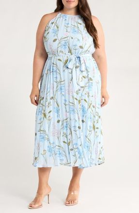 Sugarlips Leida Floral Pleat Midi Dress in Baby Blue at Nordstrom, Size 3X