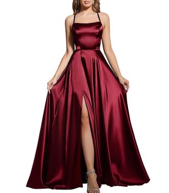 MisShow Womens Spaghetti Straps Prom Dresses with Slit Satin Bridesmaid Dress Long Evening Formal Party Gown, Burgundy, M