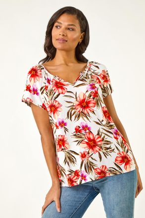 Roman Floral Print Notch Neck Stretch Top