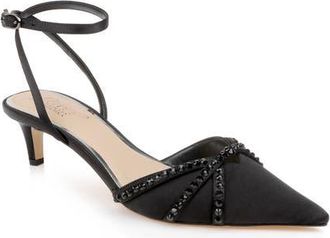 Badgley Mischka Indra Ankle Strap Pointed Toe Kitten Heel Pump in Black Satin at Nordstrom, Size 5.5