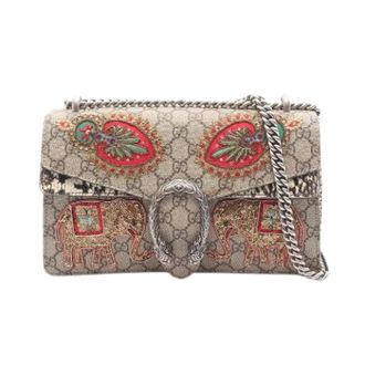 Gucci Pre-owned Cross Body Bags, female, Beige, Size: ONE SIZE Pre-owned Dionysus GG Supreme Coated Canvas Exotic Leather Shoulder Bag