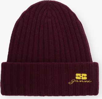 Ganni Burgundy Red Wool Knit Beanie