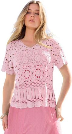 Roaman's Plus Size Medallion Pattern French Crochet Sweater Top in Primrose at Nordstrom, Size Medium