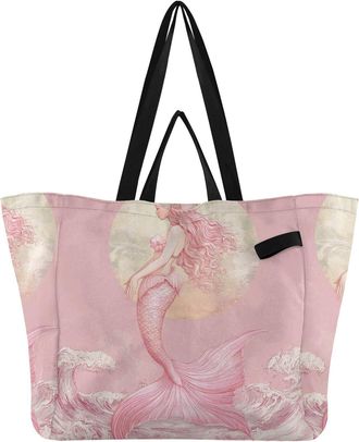 Generic Mermaid Pink Wave pattern Reusable Canvas Tote Bag, Heavy Duty Grocery Shopping Bag with Hard Bottom Double Handles Large Capacity Work Groceries Trav