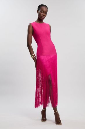 Karen Millen Womens Figure Form Bandage Tassel Hem Knitted Dress - Pink - Size 14 UK