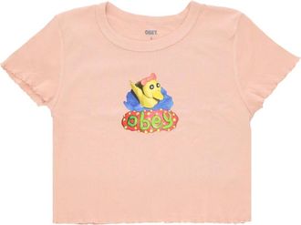Obey Eend Cropped Tee met Ruffled Sleeves - Dames - T-shirts - Roze - M - Katoen - Tops