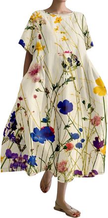 Generic Vintage Japanese Art Dress for Women 2024 Boho Floral Print Oversized Crewneck Linen Casua Summer Dresses Floral Dresses for Women Summer (Yellow, XXX