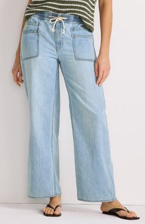 Lands End Lightweight Denim High Rise Relaxed Straight Pull On Pocket Jeans in Breeze Blue Wash at Nordstrom, Size 8 Tall