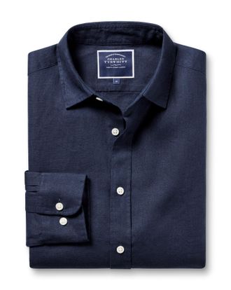 CHARLES TYRWHITT Pure Linen Shirt - Navy Single Cuff Size Large by Charles Tyrwhitt