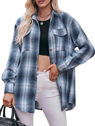 Feoya Womens Casual Plaid Shirt Classic Long Sleeve Shirt Flannel Checked Shirt Button Down Blouse Top Tartan Shirts Color Block Long Sleeve Overshirt with 