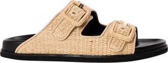 HUGO BOSS Dames Freyah Raffia Dubbele Gesp Platte Slippers (Licht Beige)