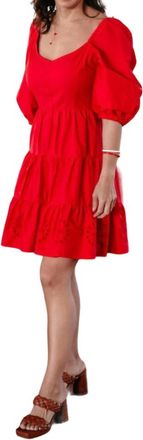Skies Are Blue Clothing Davina Puff Sleeves Fit & Flare Eyelet Dress In Strawberry Red