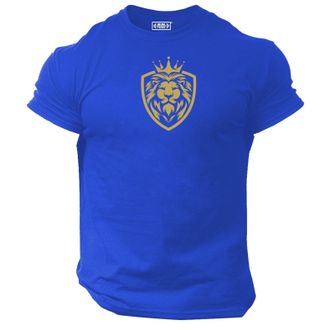 Generic King Lion T Shirt Gym Clothing Bodybuilding Training Workout Exercise Fitness Boxing MMA Tee Top (UK, Alpha, XL, Regular, Regular, Blue Gold Print)
