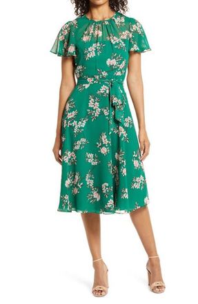 Harper Rose Floral Flutter Sleeve Chiffon Dress in Green at Nordstrom, Size 6