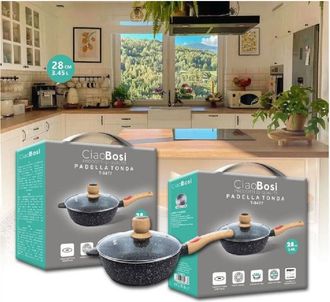 Trade Shop Trade Shop - Padella Tonda Con Manico In Legno Coperchio In Vetro 28cm 3,45lt Cucina T-9477