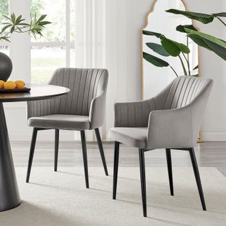 Furniturebox Set of 2 Calla Deep Padded Dining Chairs Upholstered in Soft Velvet With Black Metal Legs in Grey