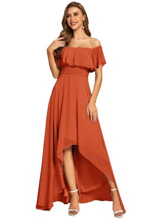 Ever-pretty Womens Elegant Off The Shoulder High-Low Chiffon Bridesmaid Dress Burnt Orange 18UK