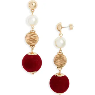 Nordstrom Orb Velvet & Faux Pearl Drop Earrings in Burgundy- Gold at Nordstrom Rack