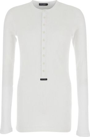 Dolce & Gabbana Cotton Serafino T-shirt met label - Heren - Longsleeves - Wit - XL - Katoen - Tops