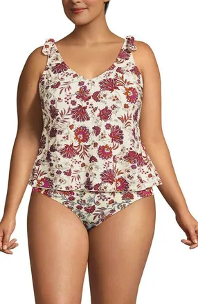 Lands End Chlorine Resistant V-neck Shoulder Tie Flutter Tankini Swimsuit Top in Egret White Ornate Floral at Nordstrom, Size 24W