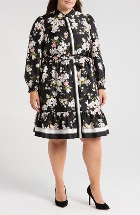 Anne Klein Floral Print Long Sleeve Shirtdress in Anne Black Multi (9Xo) at Nordstrom, Size 20W