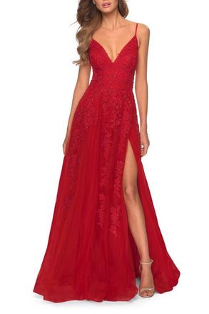 La Femme Tulle Prom Dress with Floral Detail and Side Slit in Red at Nordstrom, Size 00