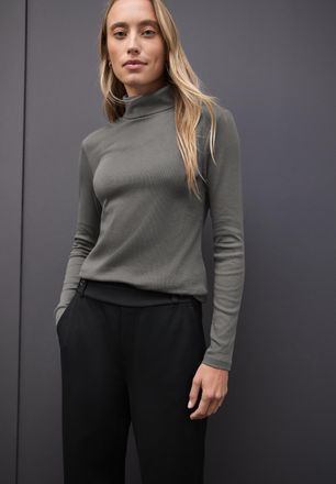 Street One Langarmshirt STREET ONE, Damen, Gr. 38, gravel grau, Rippware, Obermaterial: 95% Baumwolle, 5% Elasthan, unifarben, regular fit normal, ohne Ausschnit