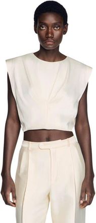 Sandro Pleated satin crop top in Ecru at Nordstrom, Size X-Large
