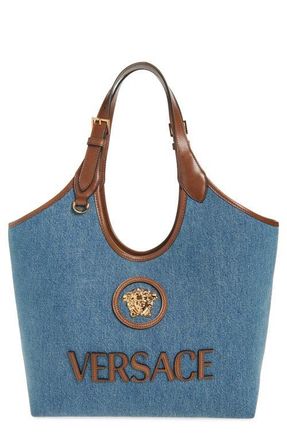 Versace Medium La Medusa Denim Tote in Denim Brown Gold at Nordstrom