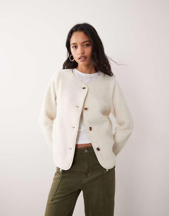 Vila giacca teddy con bottoni davanti color crema-Bianco