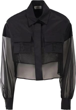 Elisabetta Franchi Cropped katoenen blouse met zijde organza inzetstukken - Dames - Overhemden - Zwart - M - Katoen - Overhemden