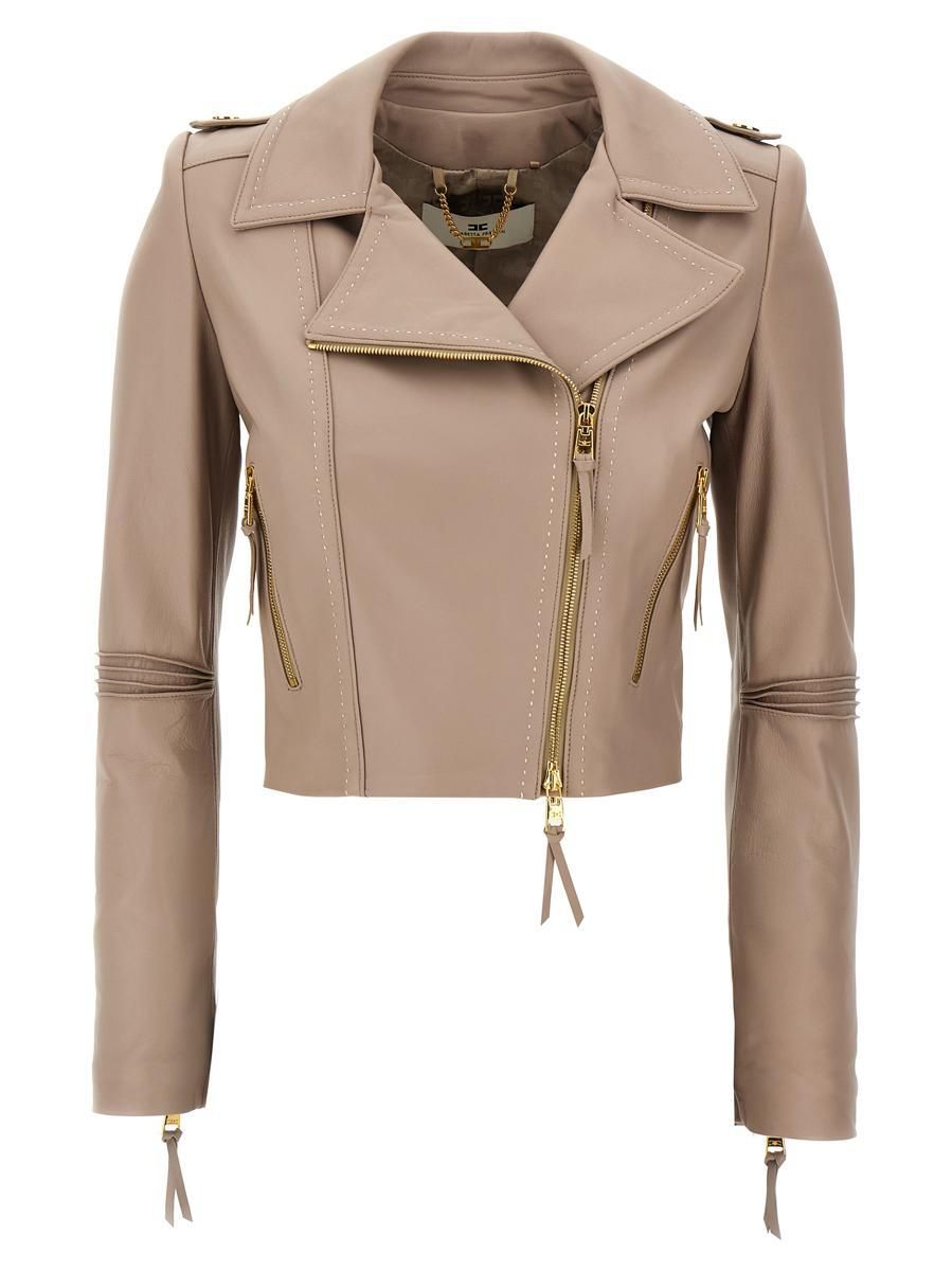 レザージャケット・コート Elisabetta Franchi Cropped Leather Biker Jacket With Elisabetta Franchi Contrasted Topstitching Biker Jacket in