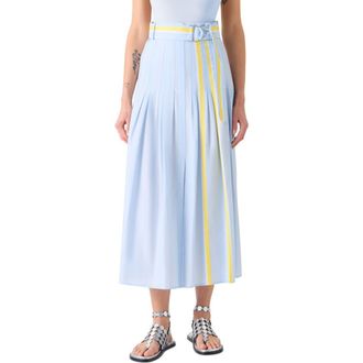 Akris Belted Pleated Stripe Chambray Midi Skirt in Sky Blue-Lemon Zing-Cream at Nordstrom, Size 10