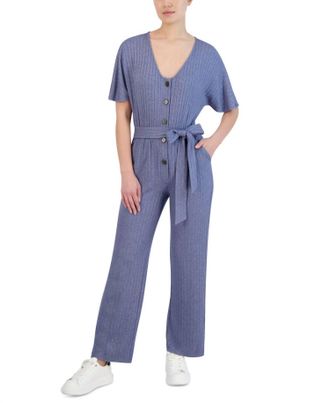 BCBGeneration Ribbed Tie-Waist Jumpsuit In Denim Blue