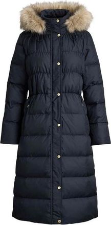 Ralph Lauren Jassen, Dames, Blauw, M, Leer, DW Warme Gewatteerde Jas met Capuchon en Imitatiebontrand