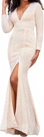 Sherri Hill Glow Long Sleeve Evening Gown In Champagne